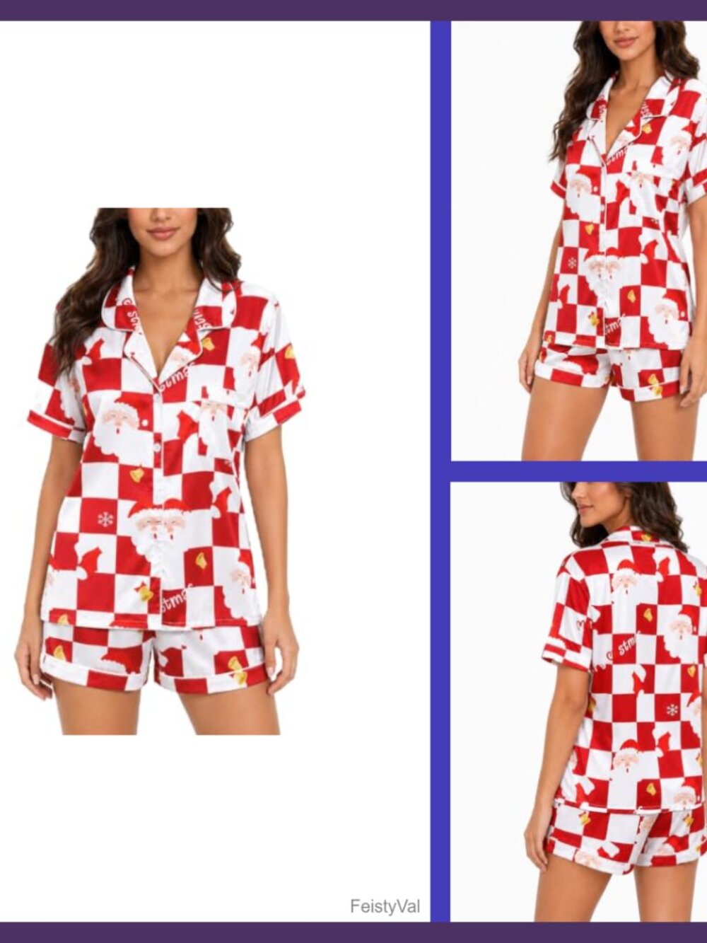 Women Satin Christmas Pajama Set Button Up Short Sleeve Lounge Shorts 2Pc